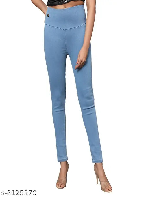AngelFab Denim Broad belt Skinny Fit Stretchable High Waist Elastic Closer Ankle Length Solid Dxblue-Skyblue Jeggings for Women Pack Of 2