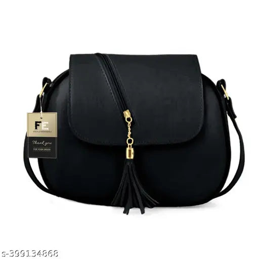 Black leather fringe sling bag with multiple pockets