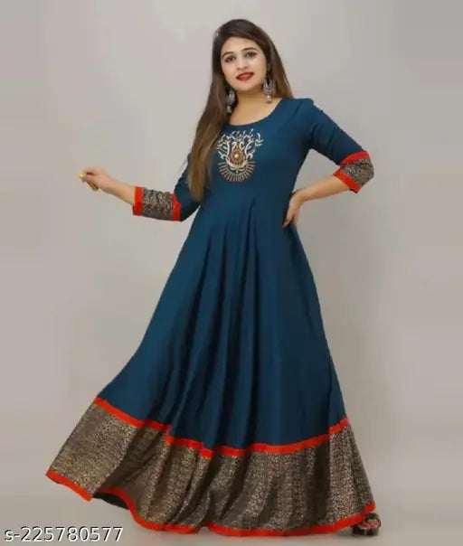 Rayon navy blue embroidered ethnic motif round neck party wear Anarkali Kurta XL, 4XL, 5XL - intricate Indian design on display stand