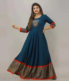 Rayon navy blue embroidered ethnic motif round neck party wear Anarkali Kurta XL, 4XL, 5XL - intricate Indian design on display stand