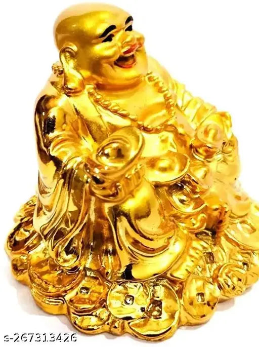 Feng shui laughing buddha figurine with golden luck money coins, yellow metal statue