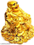 Feng shui laughing buddha figurine with golden luck money coins, yellow metal statue