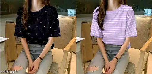 Lycra oversized women's t-shirt combo (2pcs), printed net design, machine washable, M size (38in bust, 26in length)