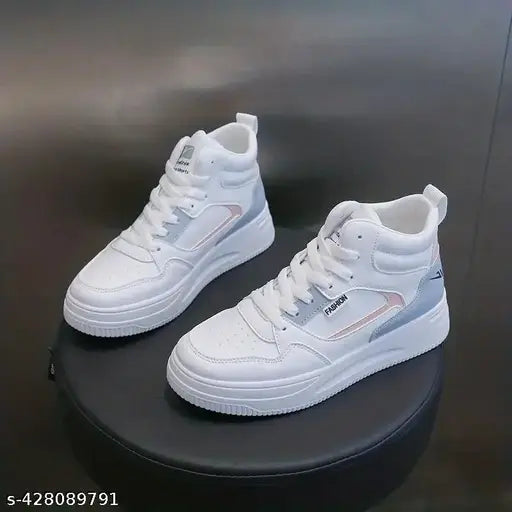 Synthetic leather, colorblock college casual sneakers for girls. Solid pattern lace-up skate shoes on display