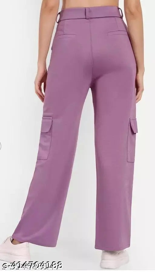 Purple high-waisted women's pants with cargo pockets