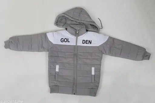 Grey and black children's hooded puffer coat with a zipper