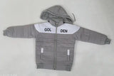 Grey and black children's hooded puffer coat with a zipper