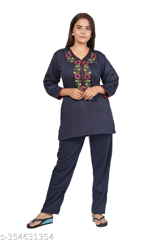 Woolen winter fleece nightwear top and pyjama (Radhika), embroidered, three-quarter sleeves, pocket, super soft fabric