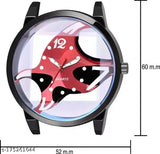 Red cotton baseball cap with transparent analog dial and silicone strap - stylish combo for men & boys on display stand