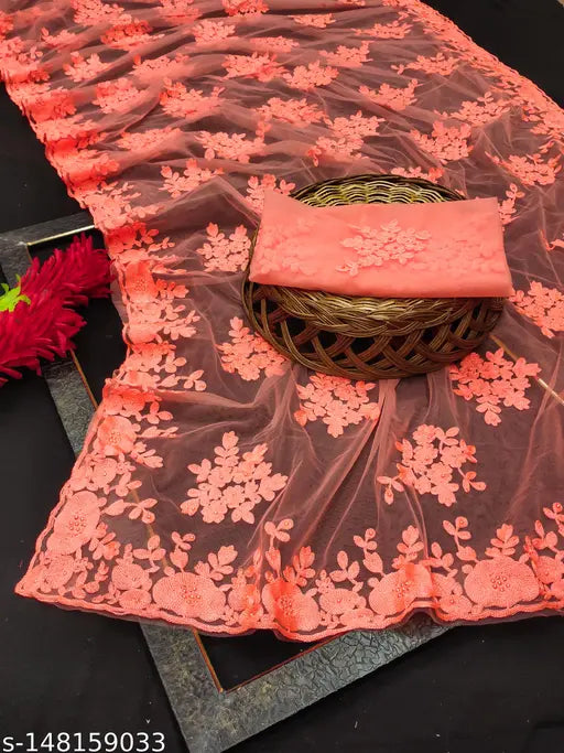 Peach Chikankari Net Saree and Blouse Piece, intricately embroidered, Indian fashion, daily wear