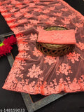 Peach Chikankari Net Saree and Blouse Piece, intricately embroidered, Indian fashion, daily wear