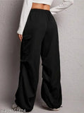 Black cotton cargo pants, high waist, wide leg pockets