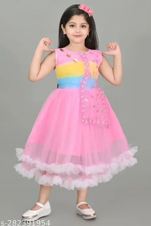 Pink, rainbow, beaded, net maxi dress