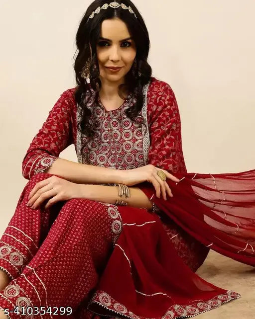 Embroidered cotton kurta with dupatta, floral yoke design featuring beads and stones, long sleeve