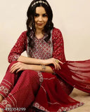 Embroidered cotton kurta with dupatta, floral yoke design featuring beads and stones, long sleeve