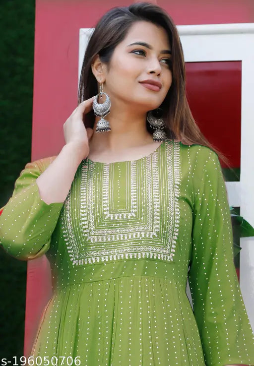 Embroidered rayon anarkali kurta for women in printed combo, three-quarter sleeves on display