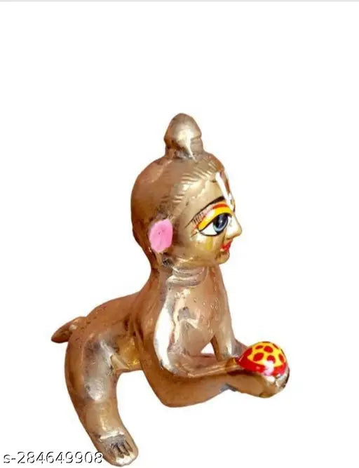 Metal Krishna idol, 5 sizes, gray, holds a laddu, Indian craftsmanship.