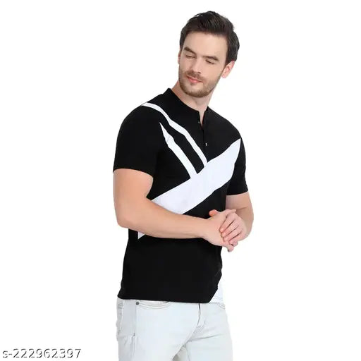 Black and white striped cotton blend round neck half sleeve T-shirt for men by GLITO