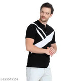 Black and white striped cotton blend round neck half sleeve T-shirt for men by GLITO