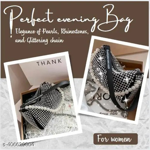 Black rhinestone crossbody purse with chain strap and pearl handle, evening clutch