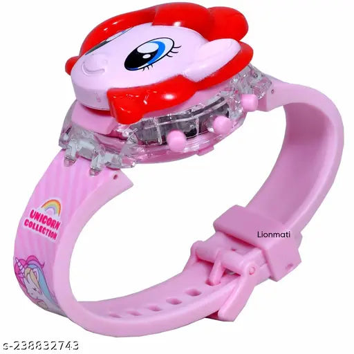 Colorful digital watch face with glowing light and music tune, for boy and girl kid watches, unicorn design