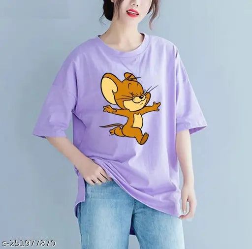 Large purple T-shirt with cartoon character design and short sleeves