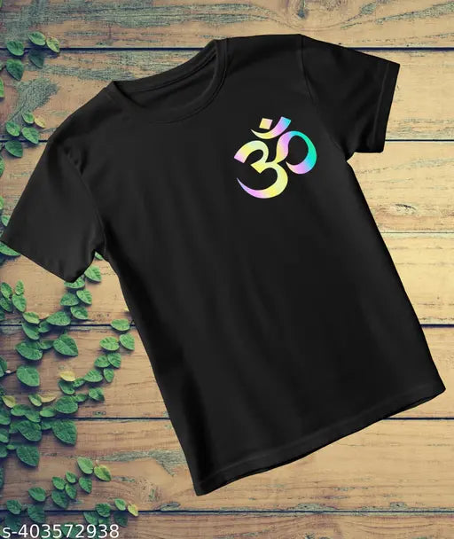 Black cotton blend Shiva Om Print T-Shirt for Men, featuring patriotic kawad yatra design on round neck with short sleeves. Perfect for casual and sporty use, machine washable and long-lasting wear