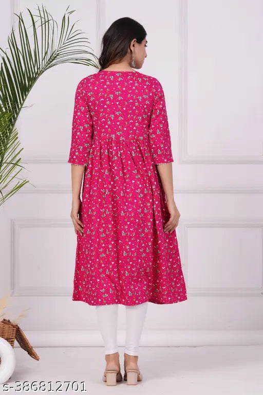 Women's Anarkali gown in magenta color, long sleeves, and printed design