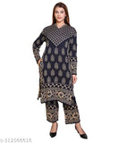 Navy woolen Self Design Kurta Plazo set with printed net pattern, three-quarter sleeves, and matching pants for women in free size, suitable for winter season, made in India