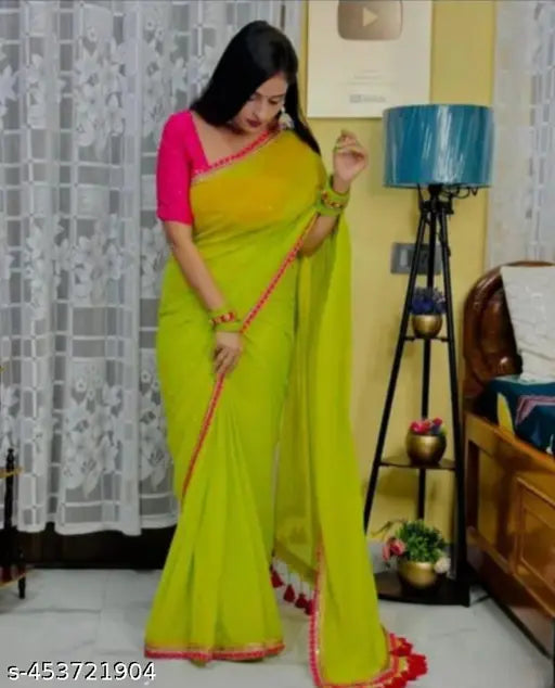 Soft Georgette saree with heavy sequin lace border and Zardosi work, Indian traditional wear on mannequin