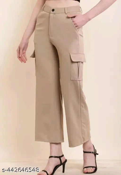 Women's beige cargo pocket pant and trouser with cotton lycra, solid design from N1 brand. Dimensions: 26", 28", 30", 32" waist x 36" length (India origin)