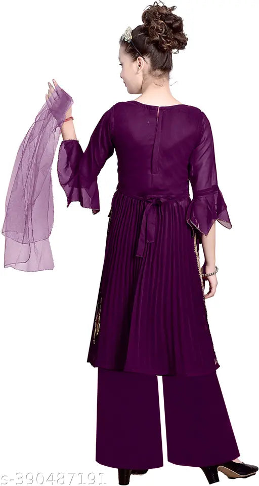 Purple Georgette Nayra Cut Sharara Style Palazzo Kurti with Dupatta for Girls, embellished A-line design and three-quarter sleeves, festive ethnic wear