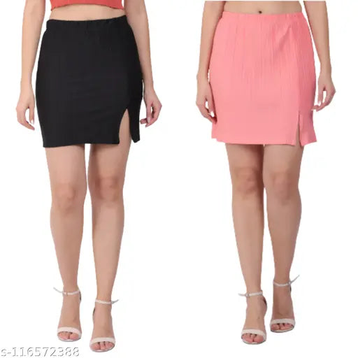 Crepe pleated mini skirt pack for women, solid net pattern, 2 skirts, sizes 28-32 inches, made in India