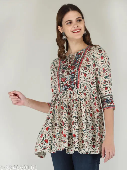 Rayon printed tunic tops for women and girls, three-quarter sleeves, multiple sizes available