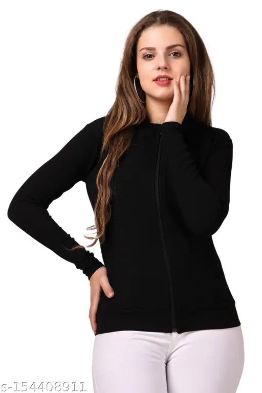 Women's black polycotton casual zip jacket, solid pattern, long sleeves, perfect for various occasions