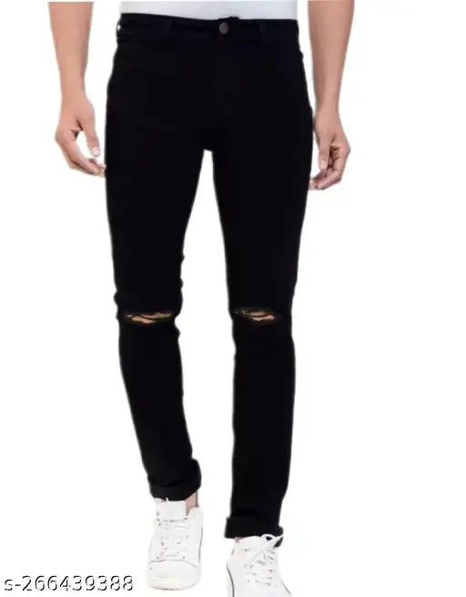 Black polycotton stretchable men's slim fit distressed jeans with knee distressing, ideal for daily wear and various occasions. Anticorrosive buttons ensure long-lasting use. Sizes: 28", 30", 32" (in). Made in India