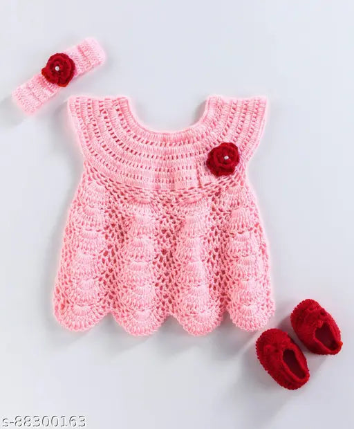 Handmade pink acrylic baby frock with self-design net pattern, suitable for 0-3 Months to 3-4 Years. Made in India