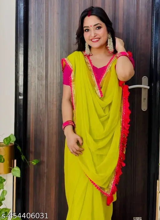 Georgette embroidery work sari, single free size Indian saree with solid Bangalori silk blouse, 5.4m length