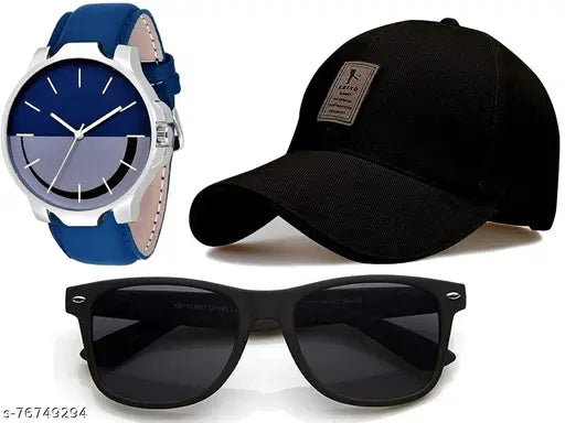 Multicolor Tekzie Men's Square Cap, Watch & Sunglasses Combo - fashionable accessory set for any occasion, free size, made in India