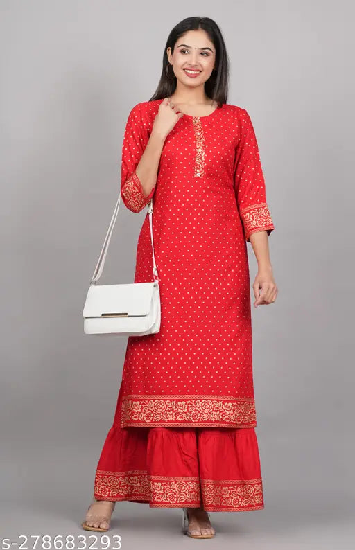 Women's red rayon straight kurta and sharara set with gold print