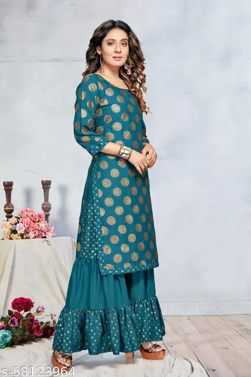 Straight-fitting, knee-length kurta with sharara, designed in rayon fabric with all-over gold foil print. Suitable for casual parties and events