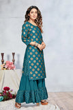 Straight-fitting, knee-length kurta with sharara, designed in rayon fabric with all-over gold foil print. Suitable for casual parties and events