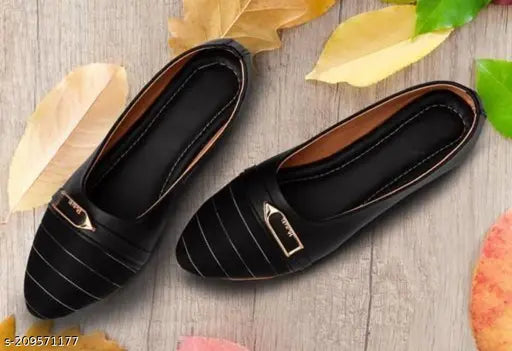 Black synthetic leather women's flat shoes with closed back, ideal for formal or casual office wear, offering soft cushioned comfort and style