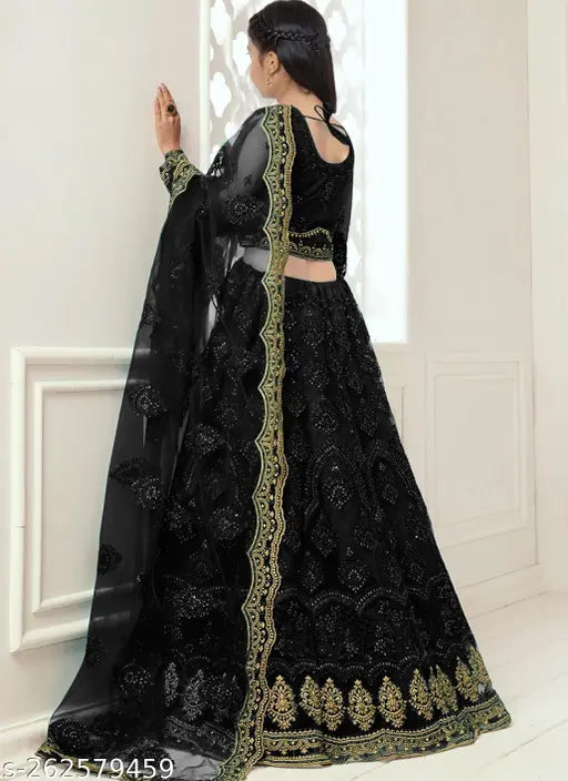 Black embroidered net lahenga with short sleeves, suitable for ages 12-13 or 14-15 years. Handcrafted Indian semi-stitched net lahenga choli