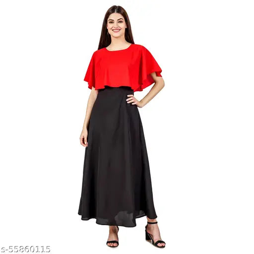 Crepe party gown for women, solid pattern, multipack of 1 size S-XXL. Indian-made evening wear on mannequin