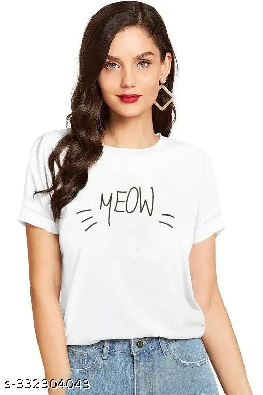 Elevajet Women's Regular MEOW Printed 100 Cotton T-shirt - Short sleeves, vibrant design, casual wear