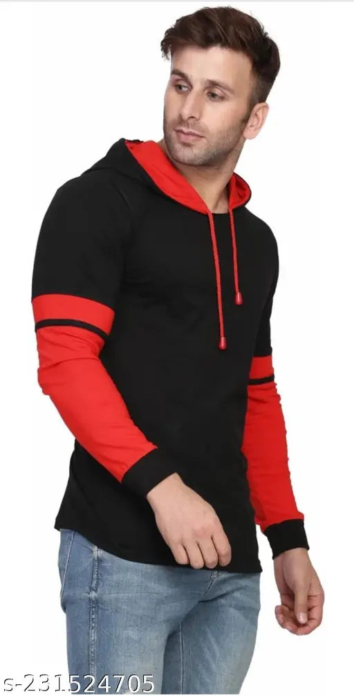 Men's cotton blend hood t-shirt with long sleeves, solid color, available in multiple sizes from M to XL. Made in India
