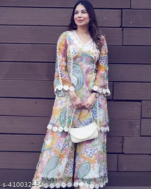 Georgette printed net Jivika refined women's kurta set with palazzos, three-quarter sleeves, XL size (India)