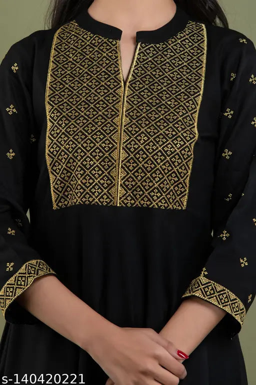 Black rayon Zari embroidered Anarkali Kurti by Faheeman Garments - women's solid black three-quarter sleeve fashionable Kurti, India origin