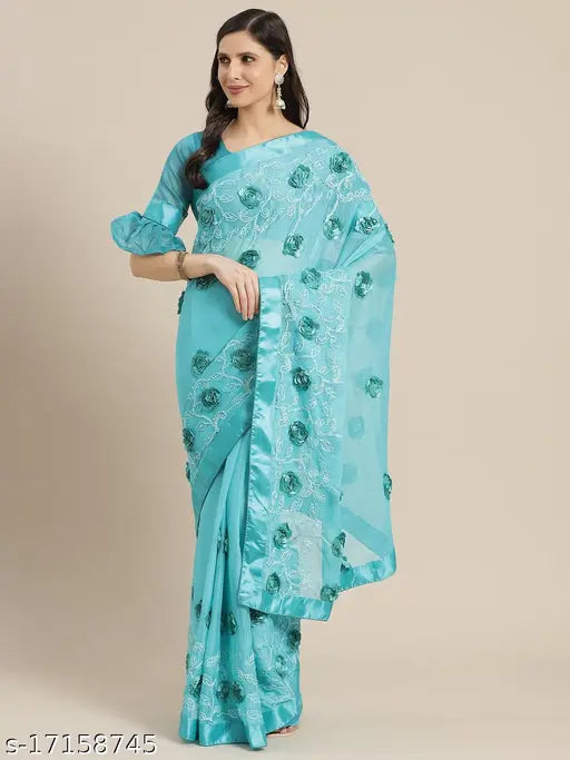 Indian chiffon saree with satin ribbon and embroidered floral motifs, free size